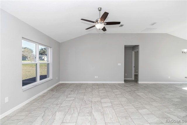 empty room with vaulted ceiling and ceiling fan