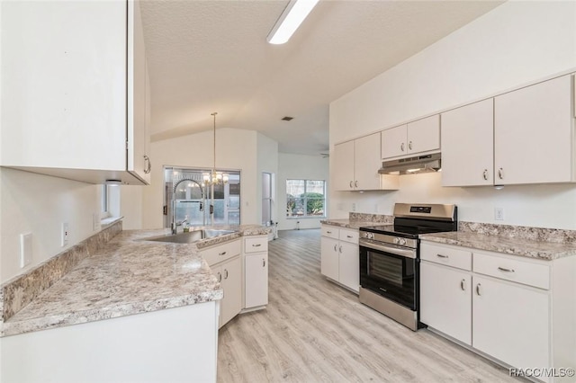 kitchen with white cabinetry, sink, stainless steel electric range, and pendant lighting