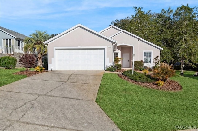 ranch-style home with a garage and a front lawn