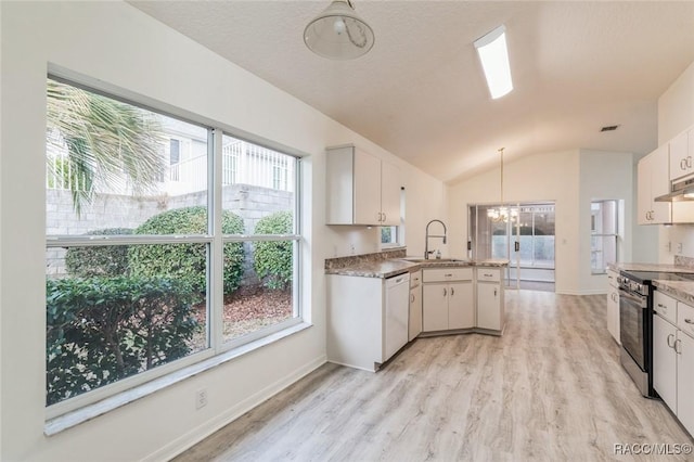 kitchen featuring lofted ceiling, white cabinetry, hanging light fixtures, white dishwasher, and stainless steel electric stove