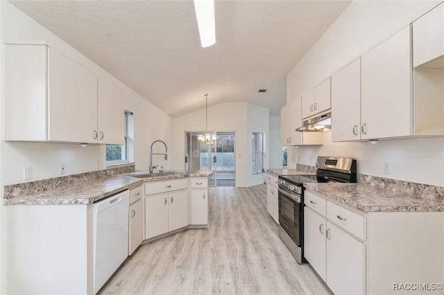 kitchen with sink, stainless steel electric range, dishwasher, and white cabinets