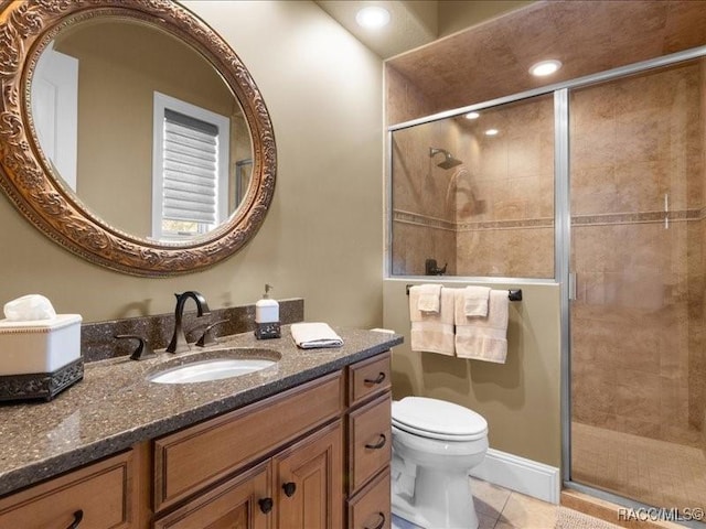 2622 N Carnoustie Loop, Lecanto, FL 34461 - bathroom featuring vanity, toilet, a stall shower, and tile patterned floors