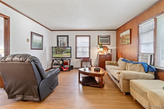 living room with plenty of natural light, a textured ceiling, and light hardwood / wood-style flooring