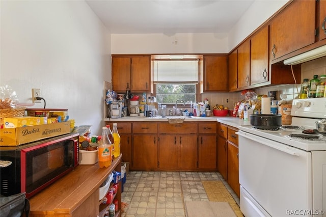 kitchen featuring decorative backsplash, sink, and white range