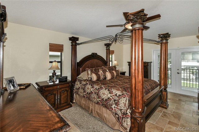 bedroom with ceiling fan and access to exterior