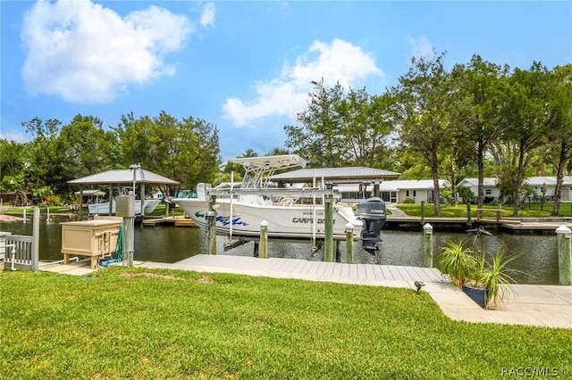 view of dock featuring a water view and a lawn