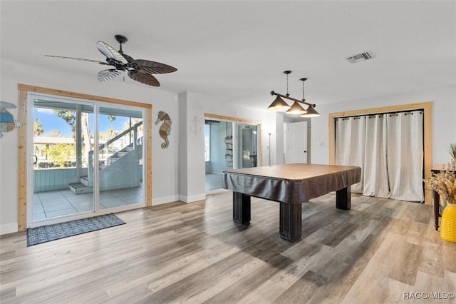 recreation room featuring ceiling fan, pool table, and light hardwood / wood-style flooring