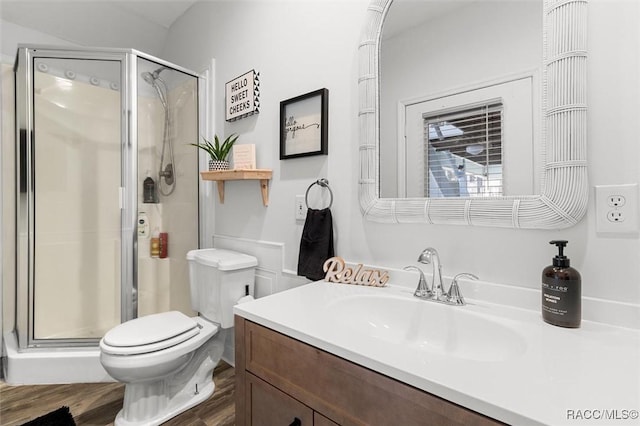 bathroom featuring toilet, vanity, wood-type flooring, and walk in shower