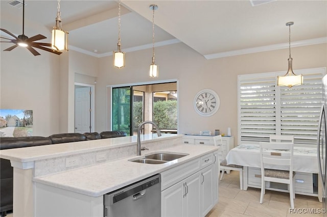 kitchen featuring sink, dishwasher, ornamental molding, an island with sink, and white cabinets