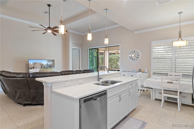 kitchen with sink, dishwasher, a kitchen island with sink, hanging light fixtures, and white cabinets