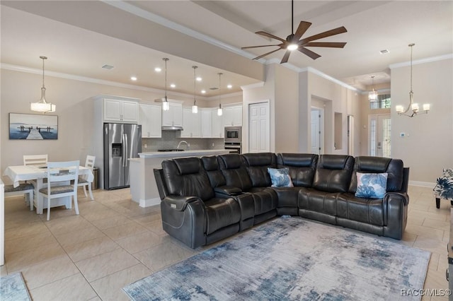 tiled living room with ornamental molding and ceiling fan with notable chandelier