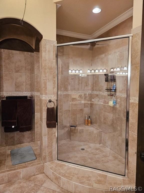 1103 W Pointe Vista Path Unit A4, Hernando, FL 34442 - bathroom with crown molding, a shower stall, and recessed lighting
