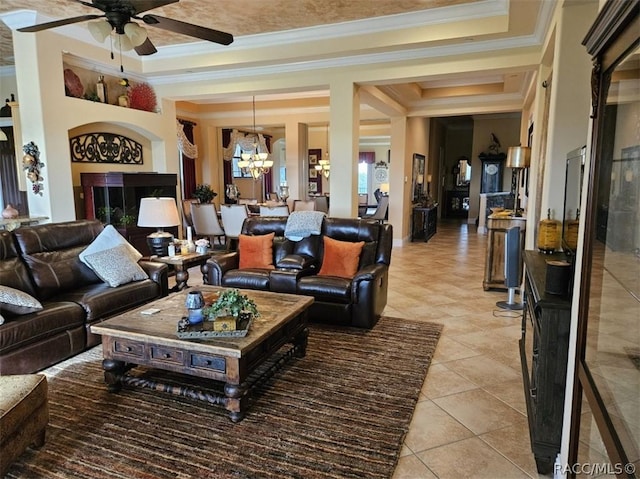 1103 W Pointe Vista Path Unit A4, Hernando, FL 34442 - living room featuring a chandelier, crown molding, a ceiling fan, a tray ceiling, and light tile patterned flooring