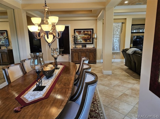 tiled dining area featuring ornamental molding and a notable chandelier