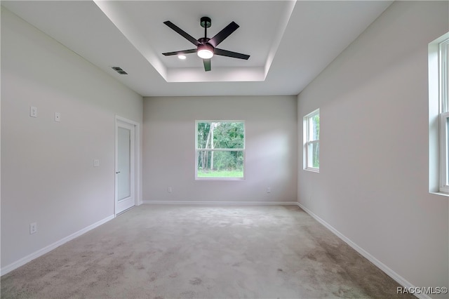 unfurnished room featuring light carpet, a raised ceiling, and ceiling fan