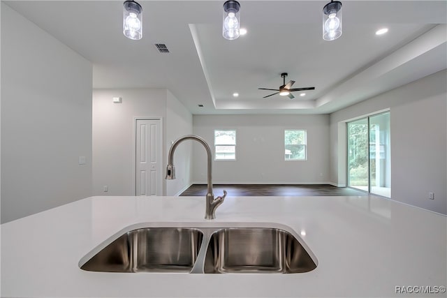 kitchen featuring wood-type flooring, a raised ceiling, ceiling fan, and sink