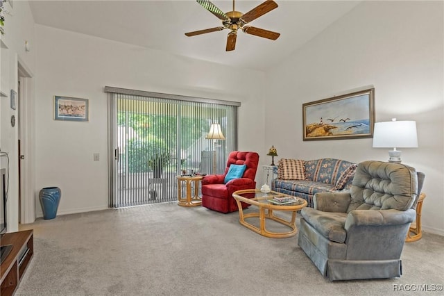 3621 N Lucille Dr, Beverly Hills, FL 34465 - living area with carpet, a ceiling fan, vaulted ceiling, and baseboards