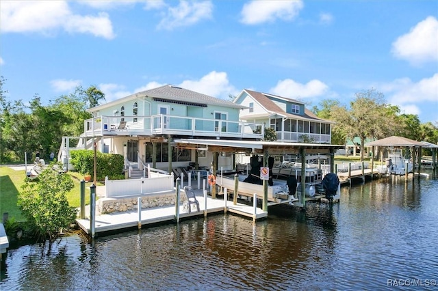 view of dock featuring a water view and boat lift