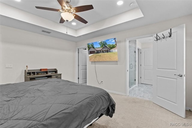 bedroom featuring recessed lighting, carpet flooring, a ceiling fan, visible vents, and baseboards
