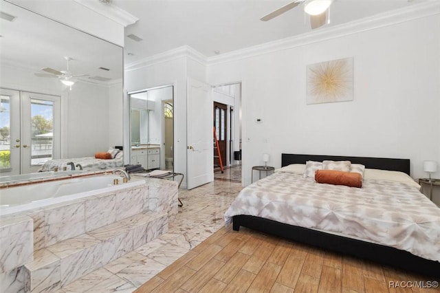 bedroom featuring french doors, a ceiling fan, and ornamental molding