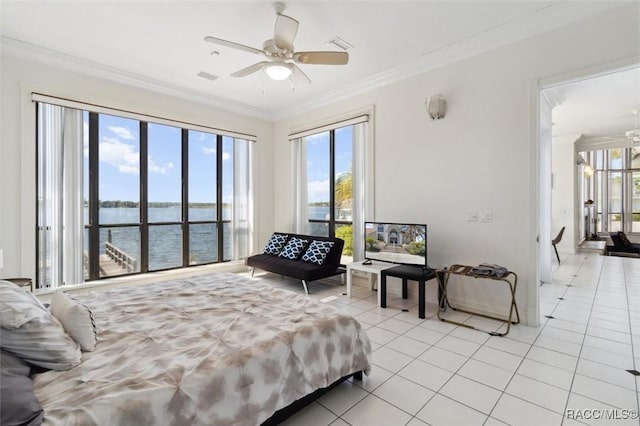 bedroom featuring visible vents, baseboards, ornamental molding, light tile patterned floors, and access to outside