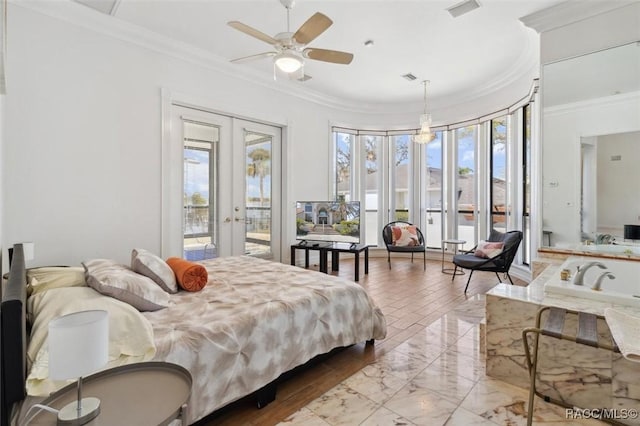 bedroom featuring french doors, visible vents, ornamental molding, and access to outside