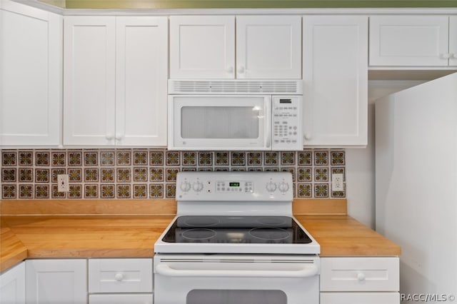 kitchen featuring white cabinetry, white appliances, and backsplash