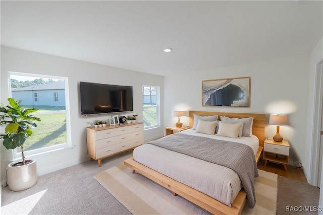 carpeted bedroom with multiple windows