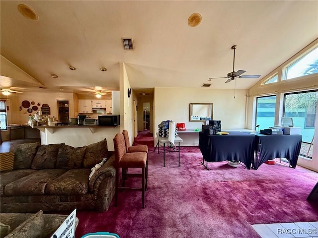 2750 W Mustang Blvd, Beverly Hills, FL 34465 - carpeted living area with a ceiling fan and high vaulted ceiling