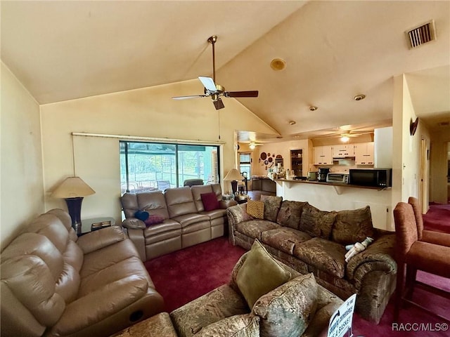 2750 W Mustang Blvd, Beverly Hills, FL 34465 - carpeted living room with a ceiling fan and high vaulted ceiling