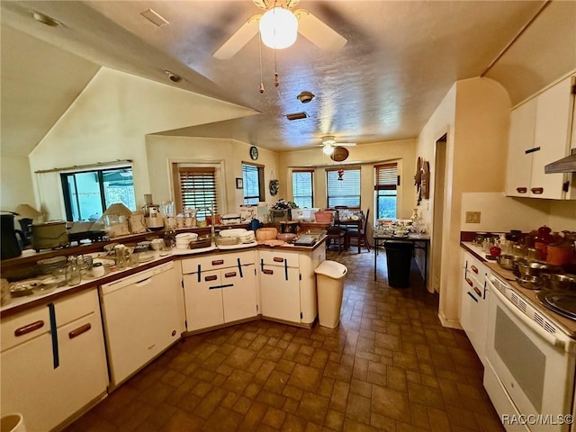2750 W Mustang Blvd, Beverly Hills, FL 34465 - kitchen with white appliances, a ceiling fan, brick patterned floors, and healthy amount of natural light