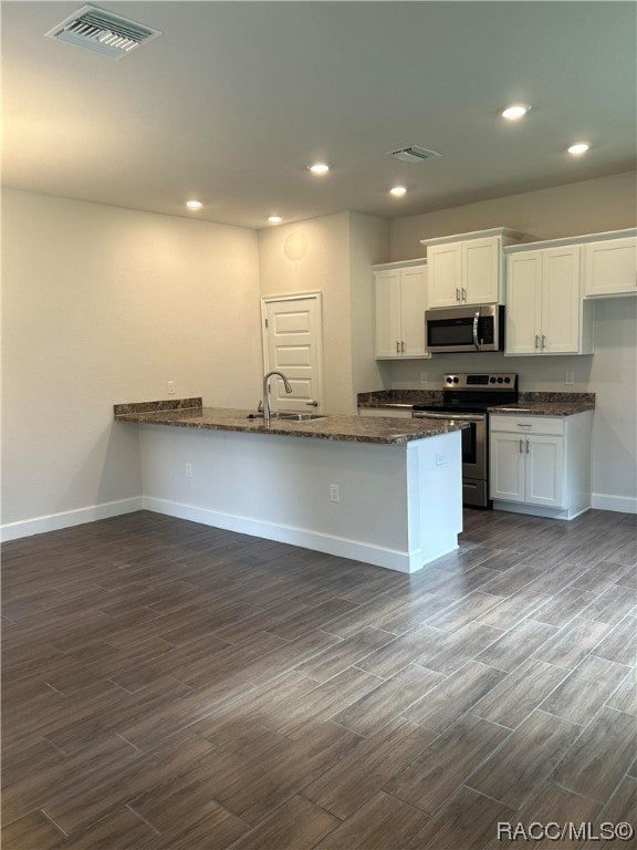 kitchen with white cabinetry, dark hardwood / wood-style flooring, and appliances with stainless steel finishes