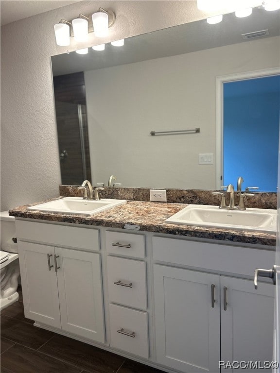 bathroom featuring vanity, toilet, and wood-type flooring