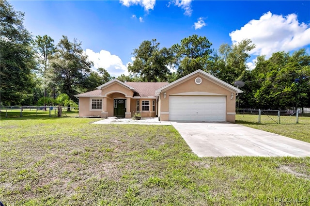 single story home featuring a garage and a front lawn