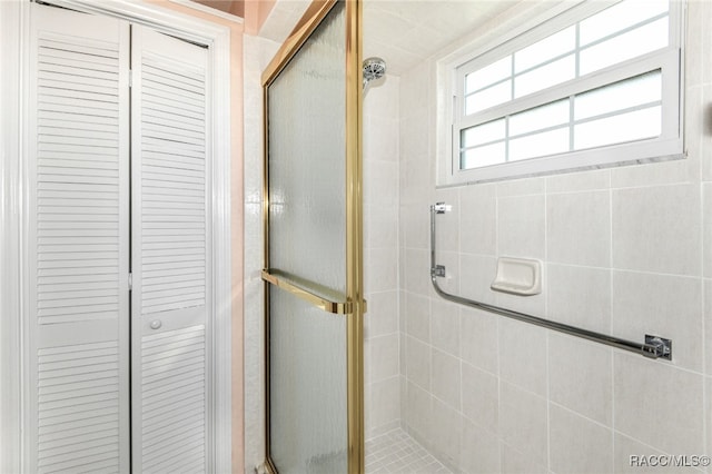 bathroom featuring a shower with shower door