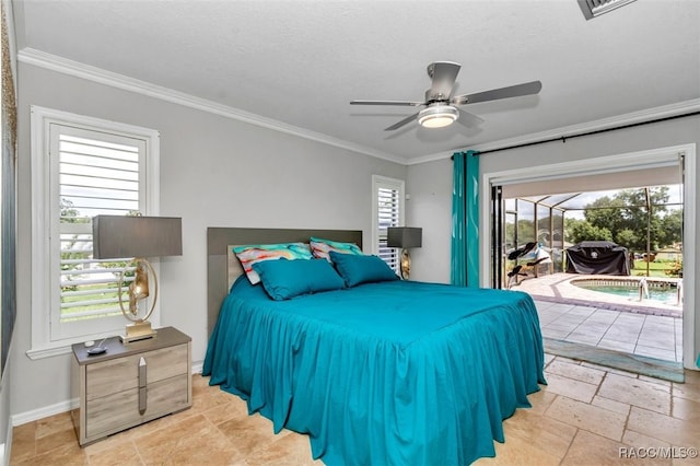 391 E Falconry Ct, Hernando, FL 34442 - bedroom featuring stone tile flooring, access to outside, multiple windows, ornamental molding, and a textured ceiling