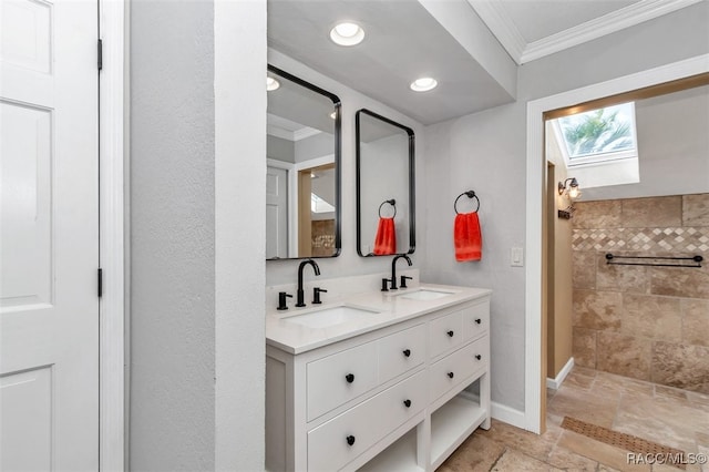 391 E Falconry Ct, Hernando, FL 34442 - bathroom featuring crown molding, a skylight, stone tile flooring, double vanity, and a tile shower