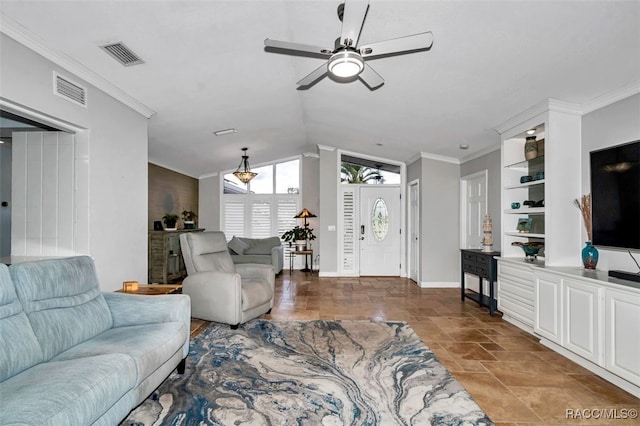 391 E Falconry Ct, Hernando, FL 34442 - living area featuring ceiling fan, vaulted ceiling, and ornamental molding