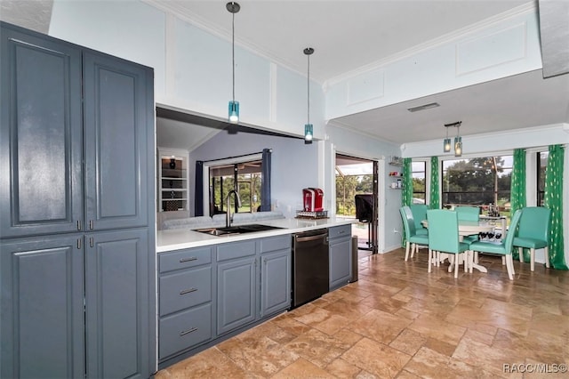 391 E Falconry Ct, Hernando, FL 34442 - kitchen featuring stainless steel dishwasher, stone tile flooring, crown molding, light countertops, and decorative light fixtures