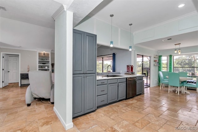 391 E Falconry Ct, Hernando, FL 34442 - kitchen with gray cabinetry, stone tile floors, stainless steel dishwasher, ornamental molding, and light countertops