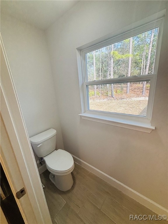 bathroom featuring wood-type flooring and toilet