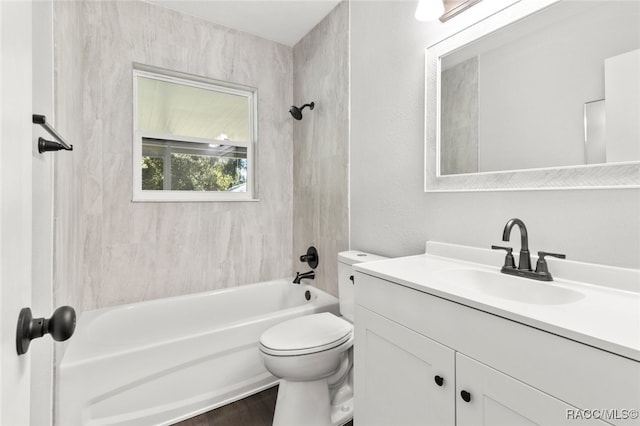 full bathroom with vanity,  shower combination, and toilet