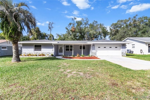 single story home featuring a front yard and a garage