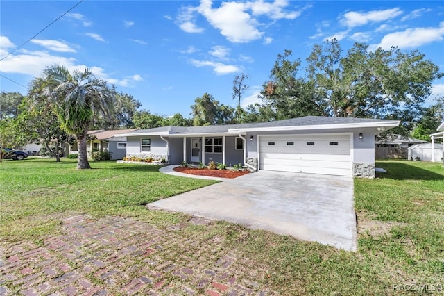 ranch-style house with a front yard and a garage