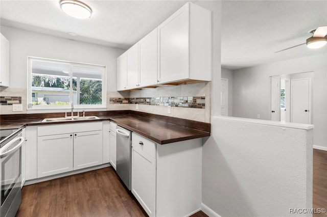 kitchen with decorative backsplash, sink, white cabinets, and dark hardwood / wood-style floors