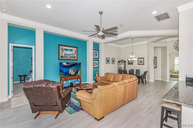 living room with crown molding, light hardwood / wood-style floors, and ceiling fan with notable chandelier