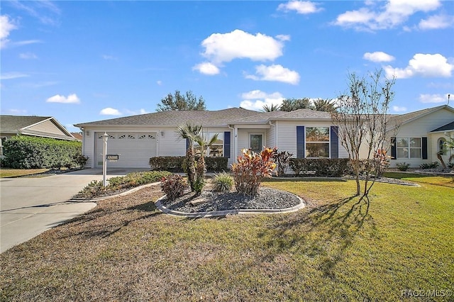 single story home featuring a front lawn and a garage