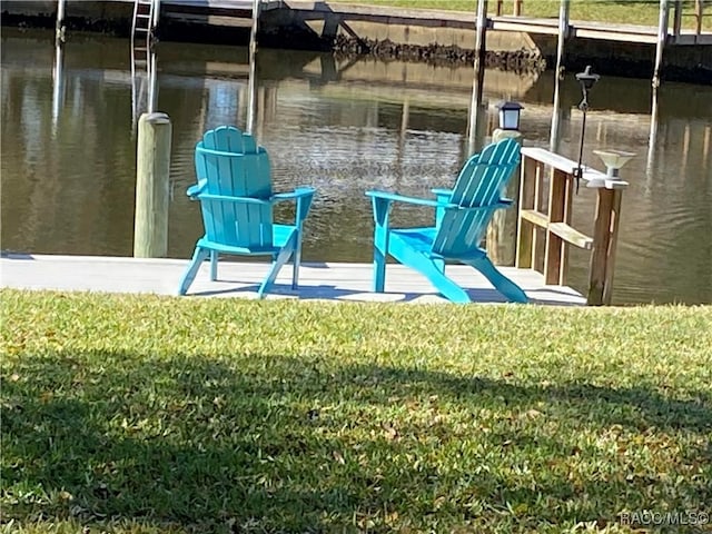 view of dock with a yard