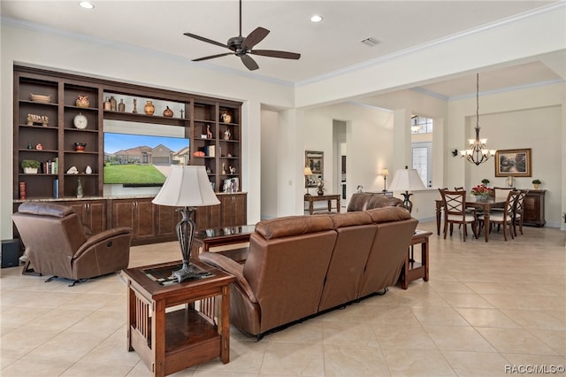 tiled living room with ceiling fan with notable chandelier and crown molding