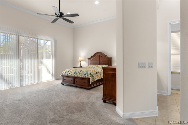 carpeted bedroom with ceiling fan, ornamental molding, and access to outside